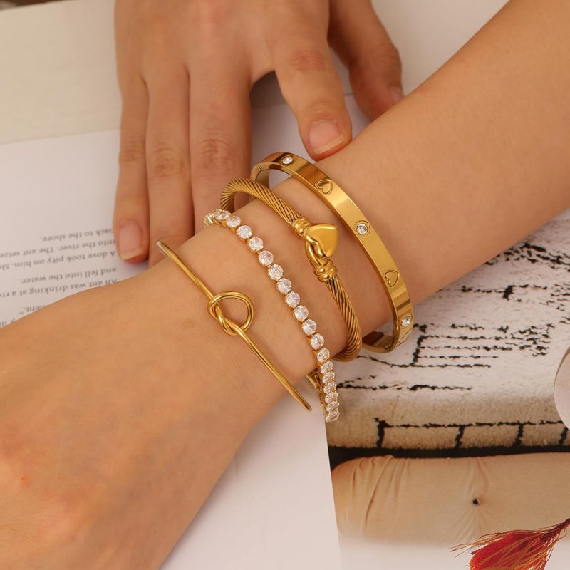FAFUGA 18 K Gold Plated Love Bangle Bracelet Stack Cuff Jewelry for Women Jewelry Set for Women Gift with Box - Image 3